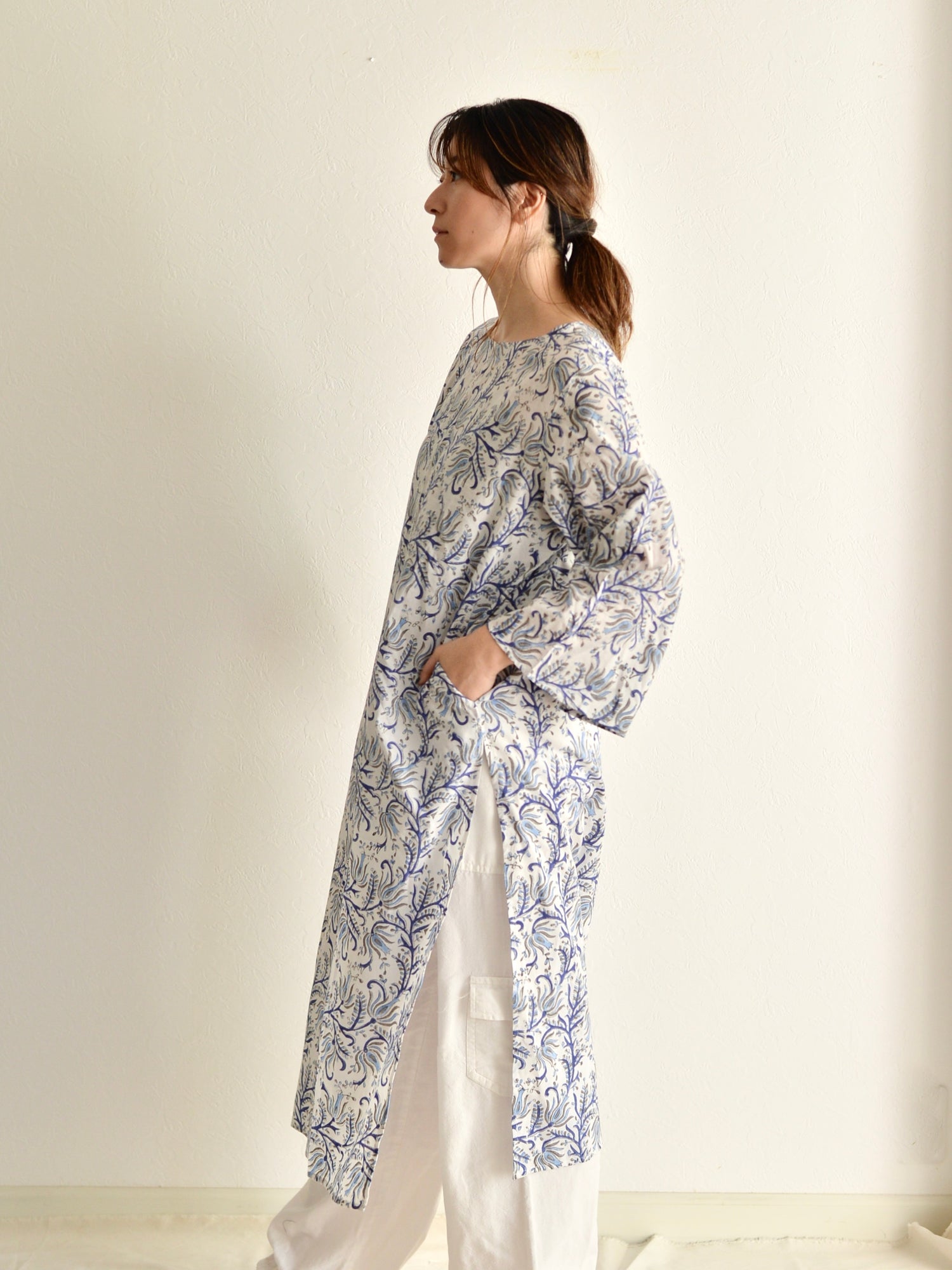 ハンドブロックプリント クルタ ブルー