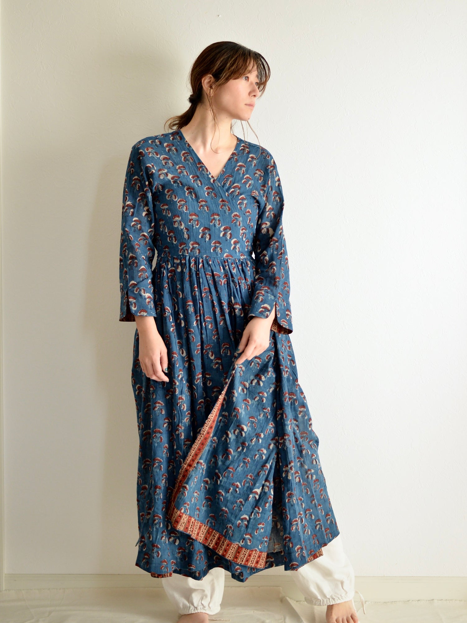 カシュクール ワンピース アジュラック ブロックプリント インディゴ