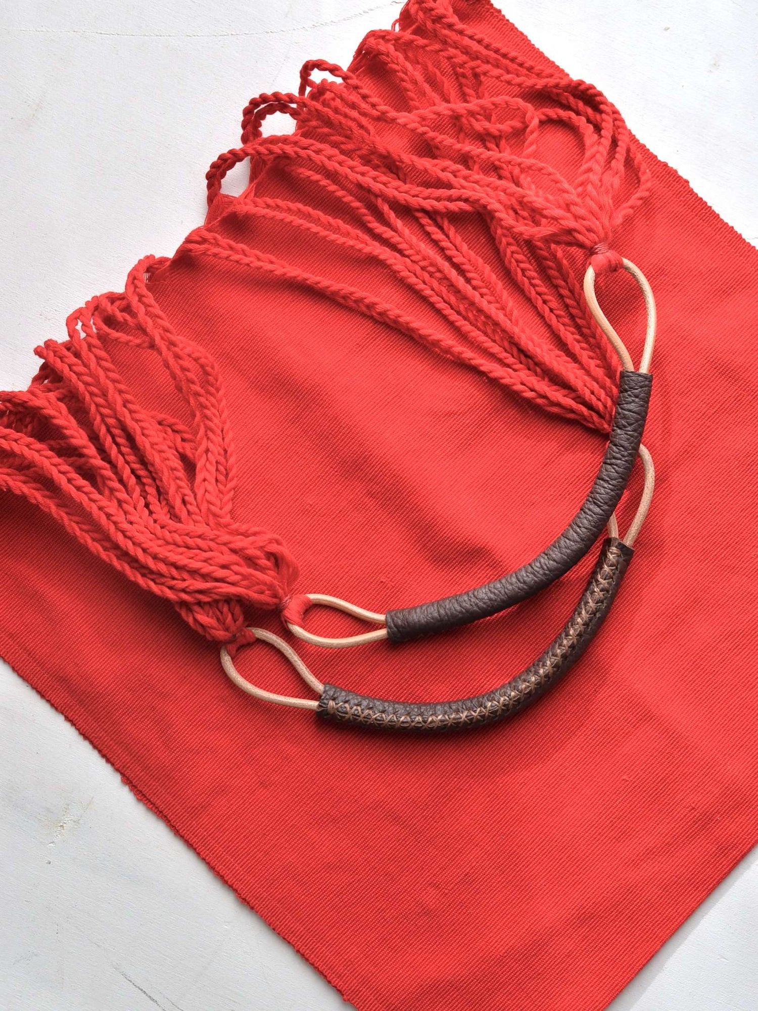 メキシコ ハンモックバッグ 無地 レッド レザーハンドル