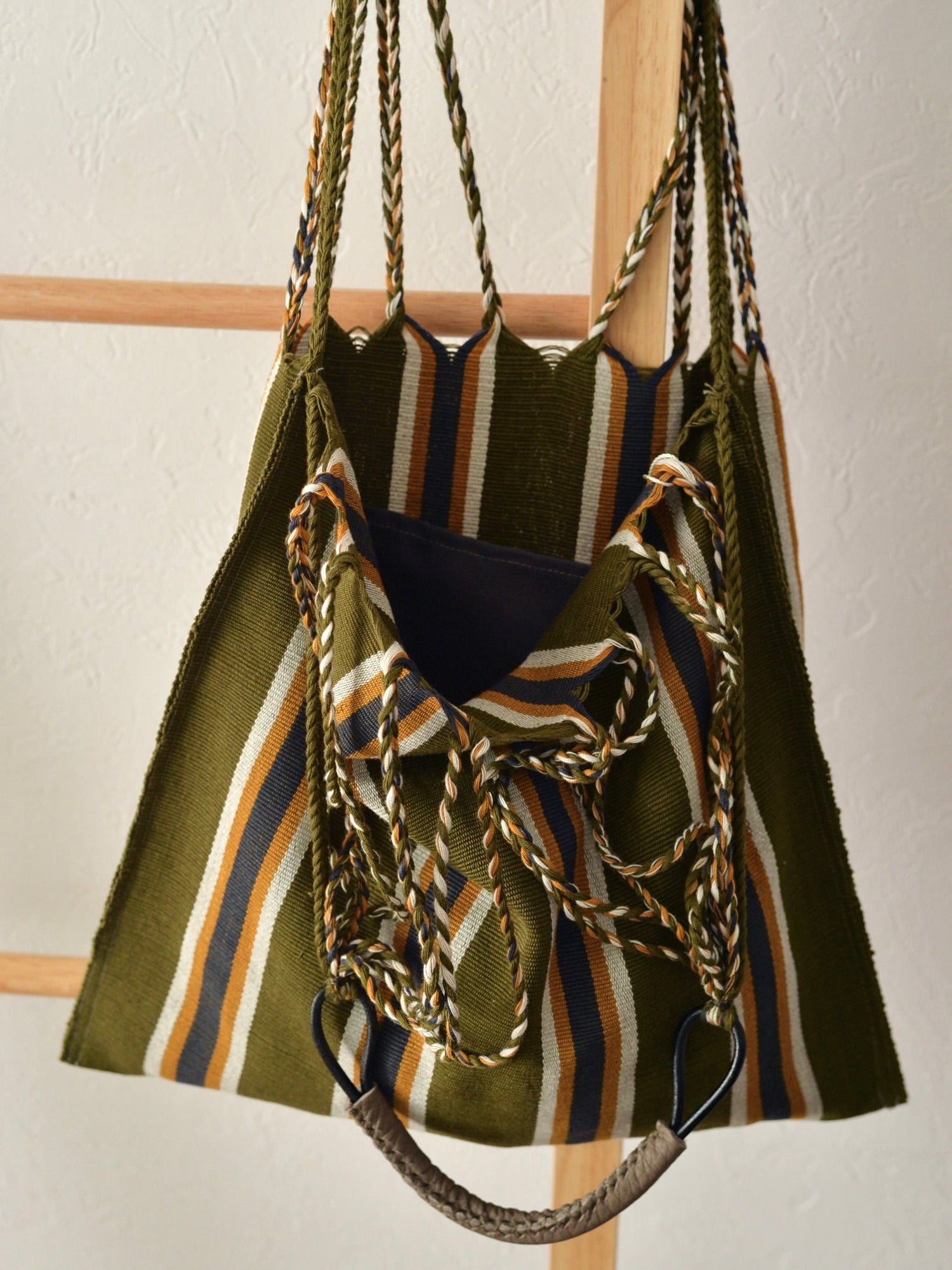 メキシコ ハンモックバッグ カーキ マルチストライプ レザーハンドル
