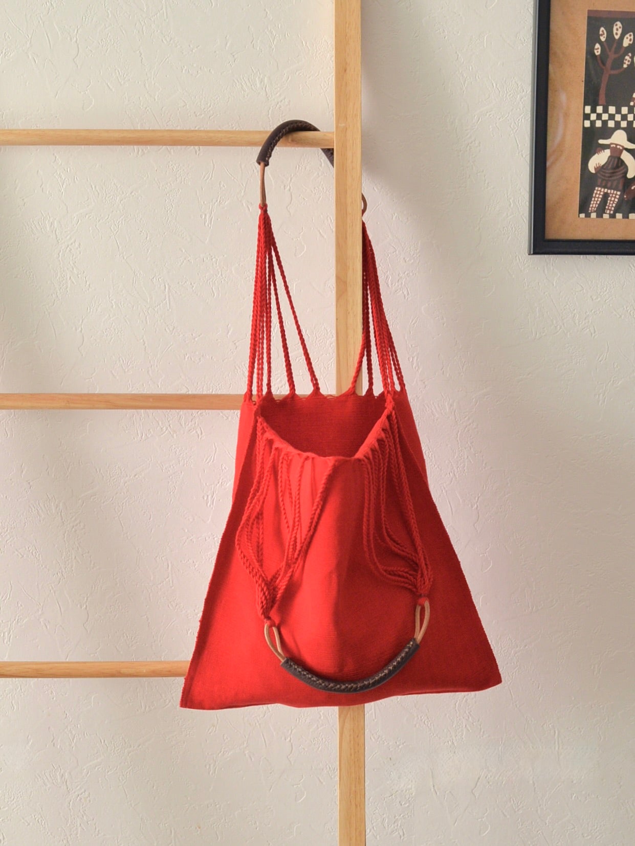 メキシコ ハンモックバッグ 無地 レッド レザーハンドル