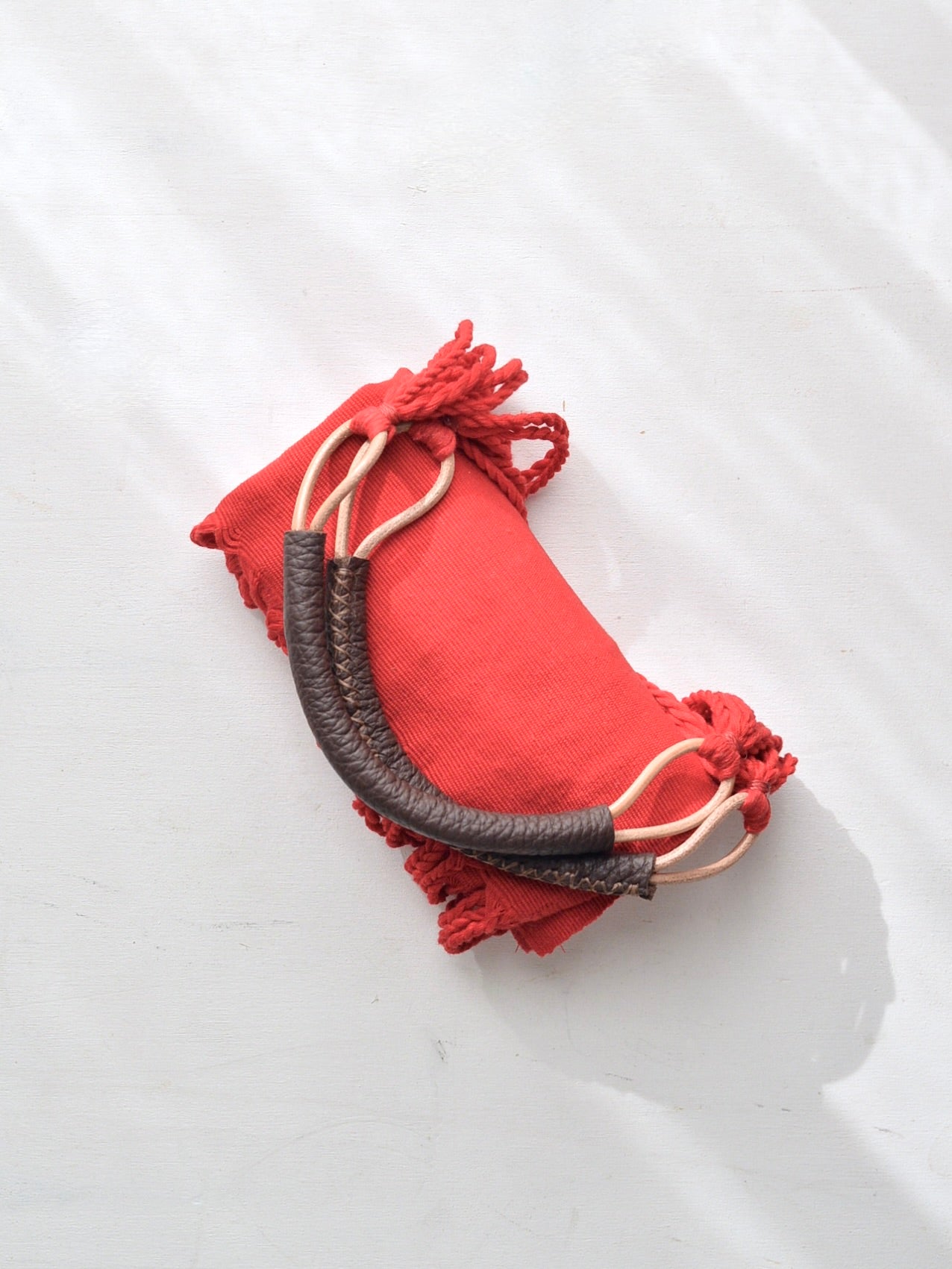 メキシコ ハンモックバッグ 無地 レッド レザーハンドル