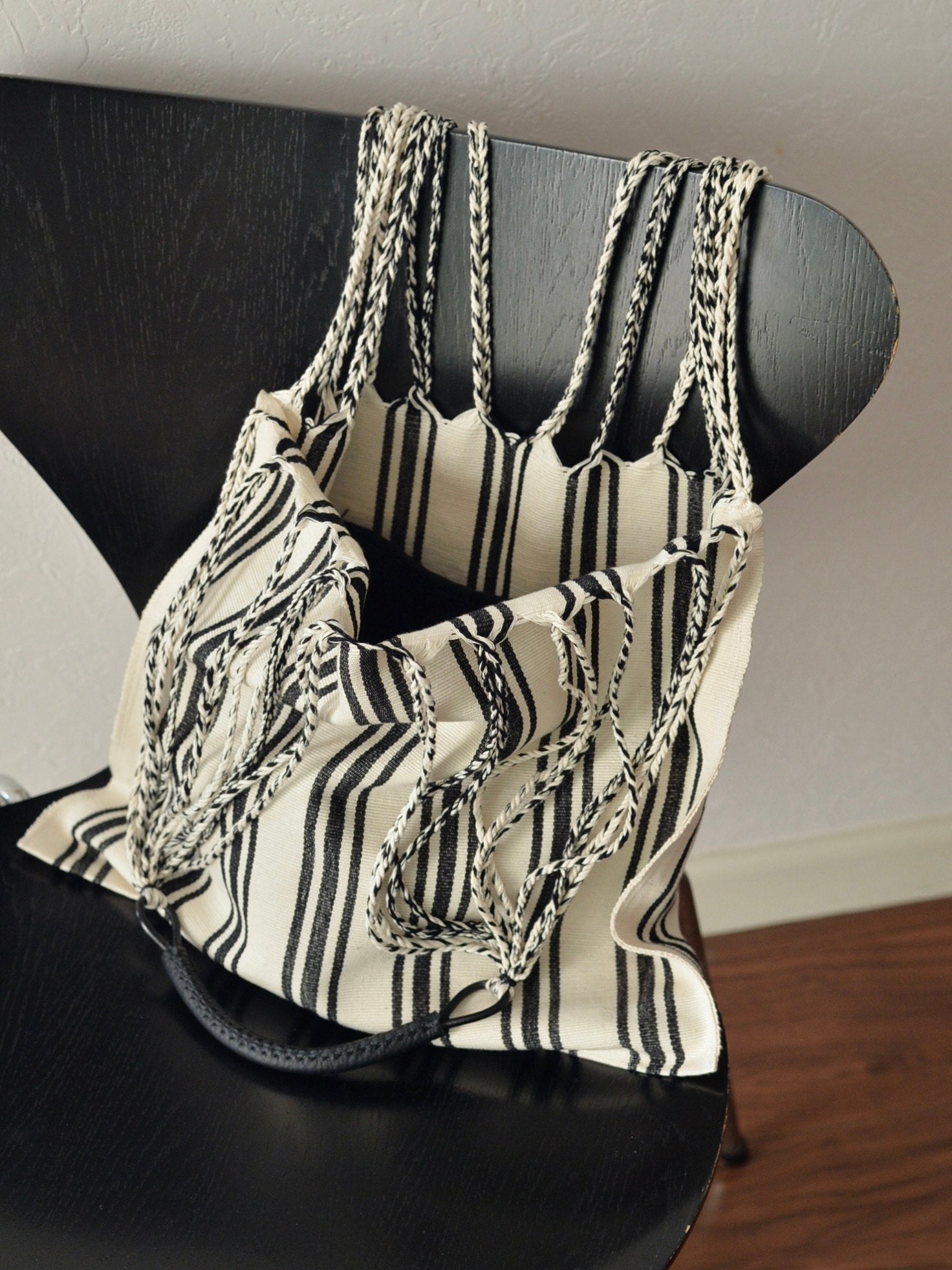 メキシコ ハンモックバッグ ホワイト ストライプ レザーハンドル