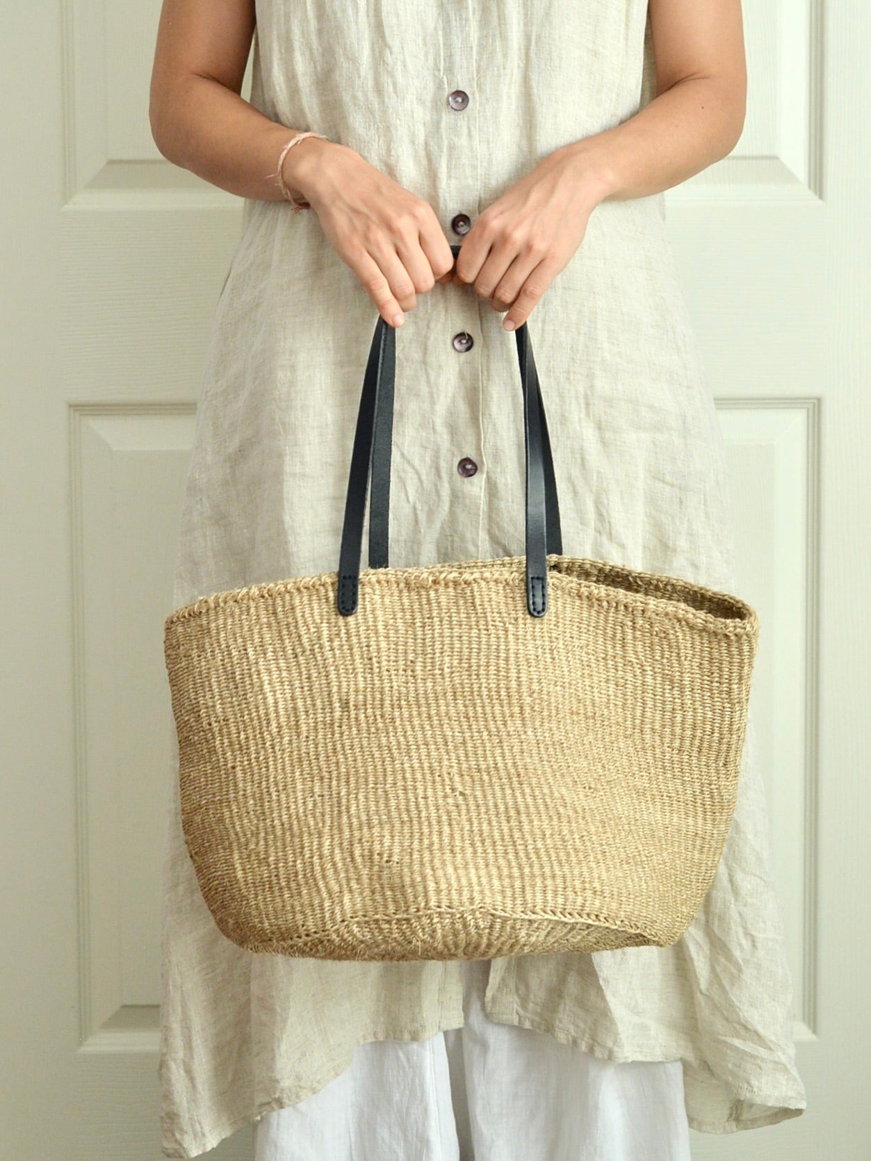 【残り1点】ケニア サイザルかごバッグ レザー ロングハンドル