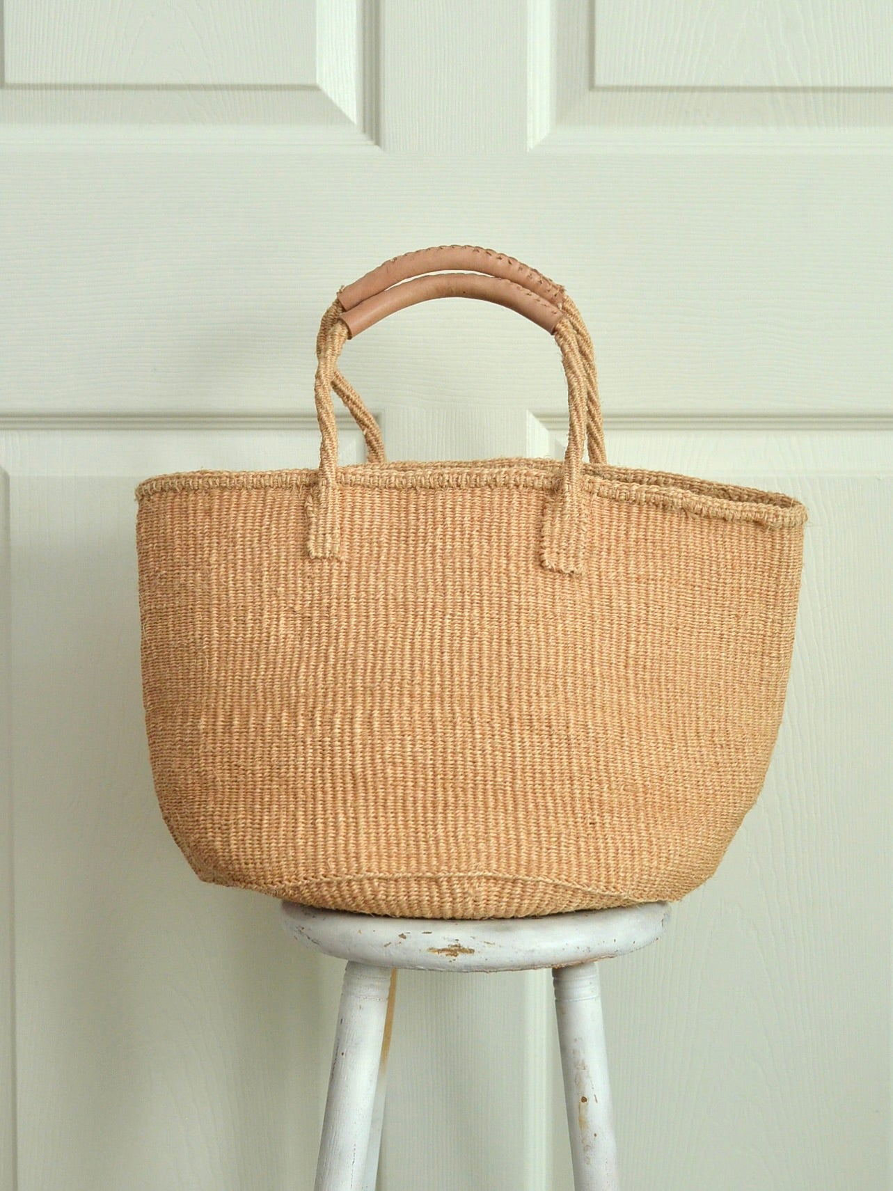 【残り1点】ケニア サイザルかごバッグ レザーハンドル