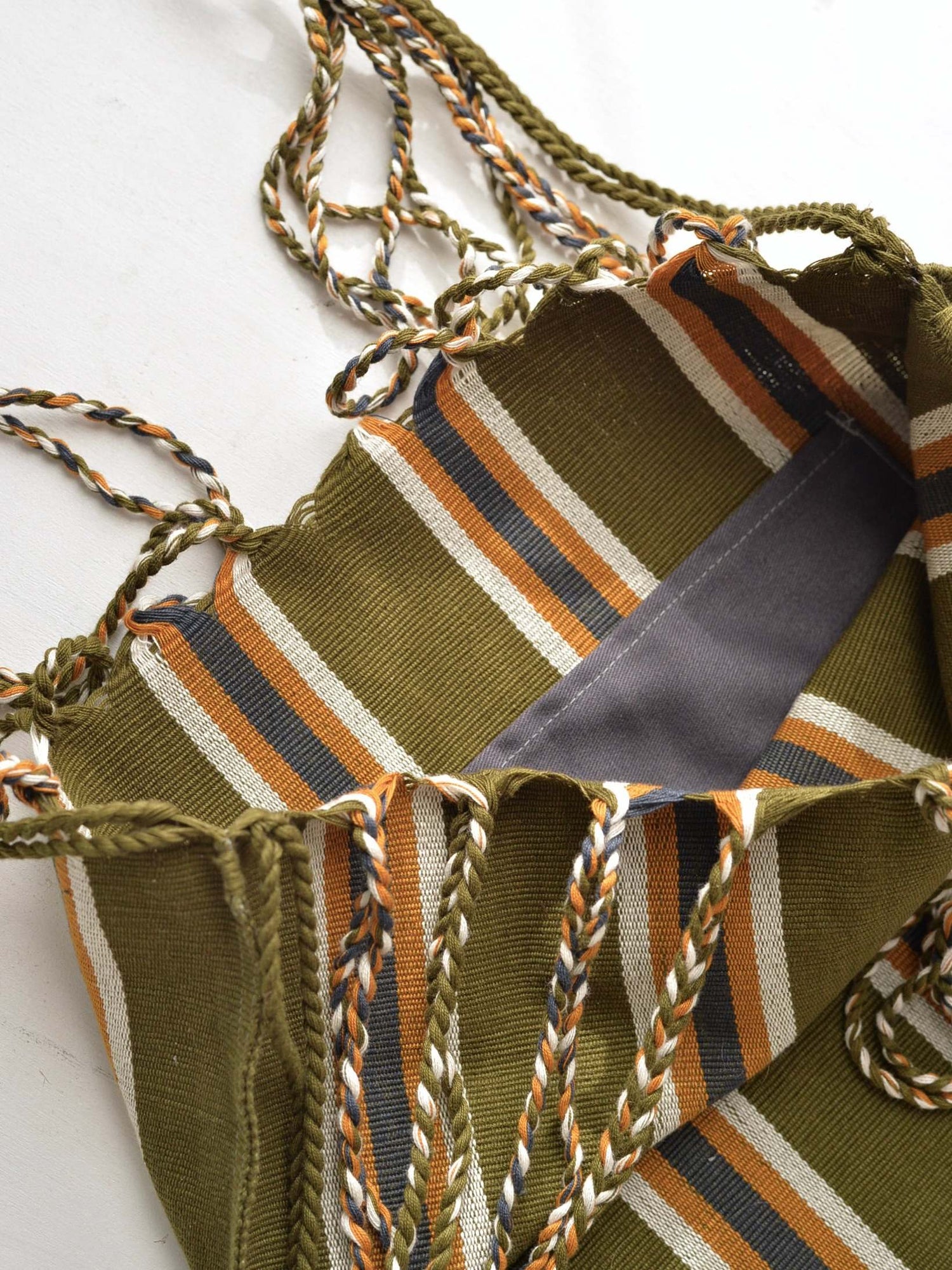 メキシコ ハンモックバッグ カーキ マルチストライプ レザーハンドル