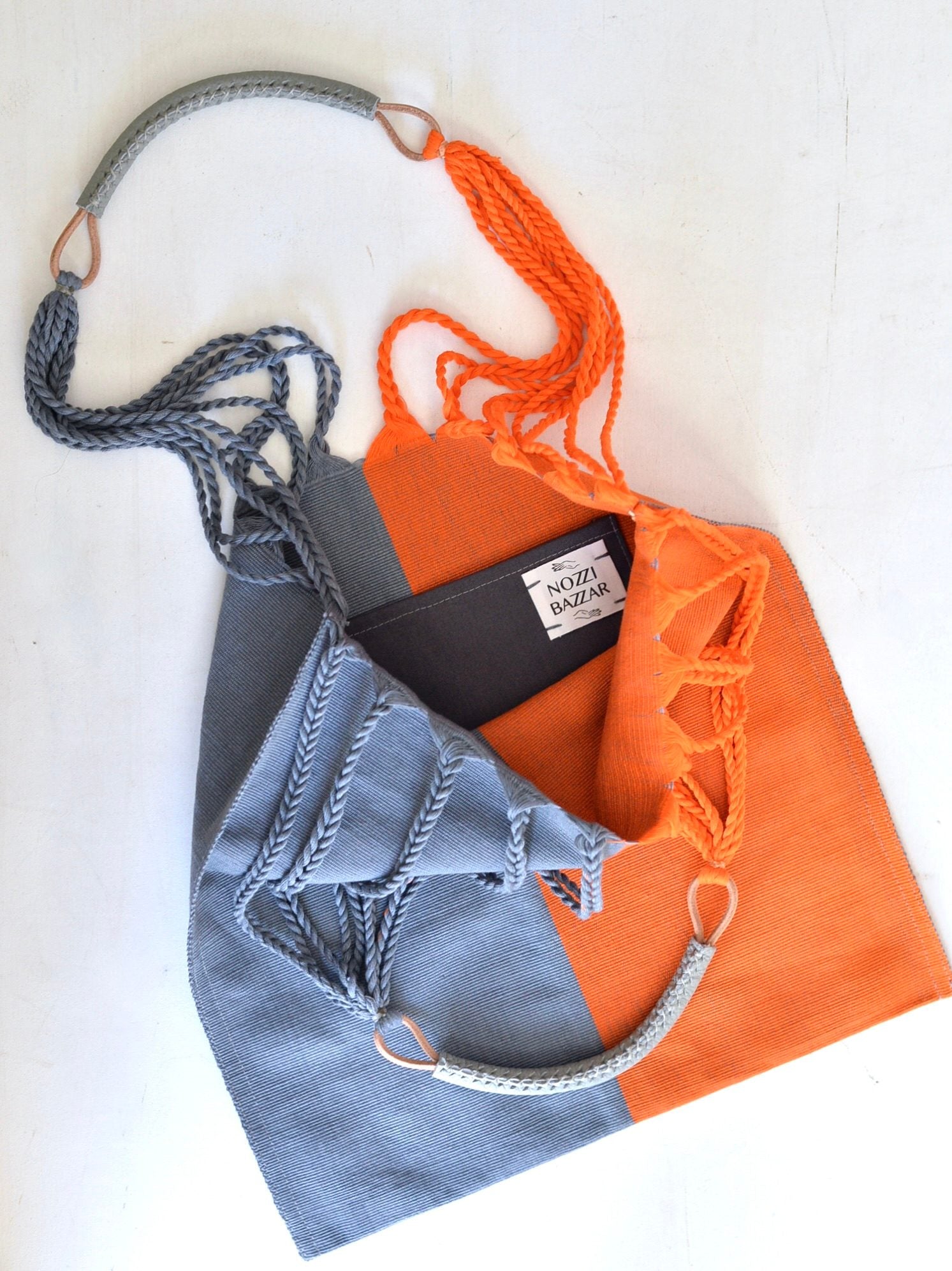 メキシコ ハンモックバッグ レザーハンドル ツートン グレー×オレンジ