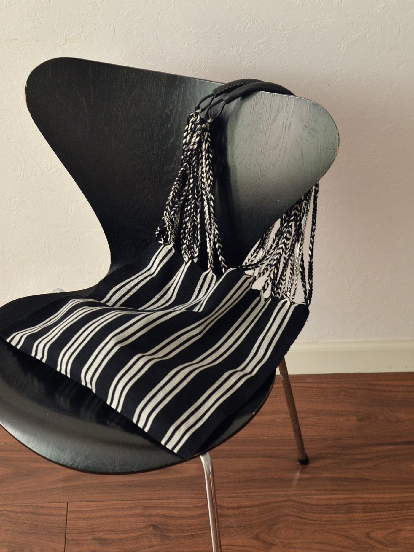 メキシコ ハンモックバッグ ブラック ストライプ レザーハンドル