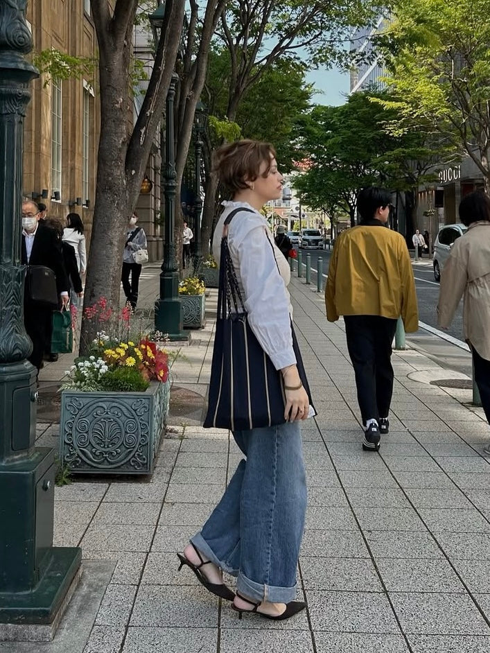 メキシコ ハンモックバッグ ネイビー レザーハンドル