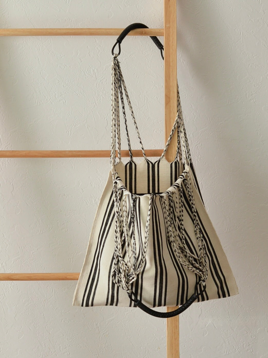 メキシコ ハンモックバッグ ホワイト ストライプ レザーハンドル