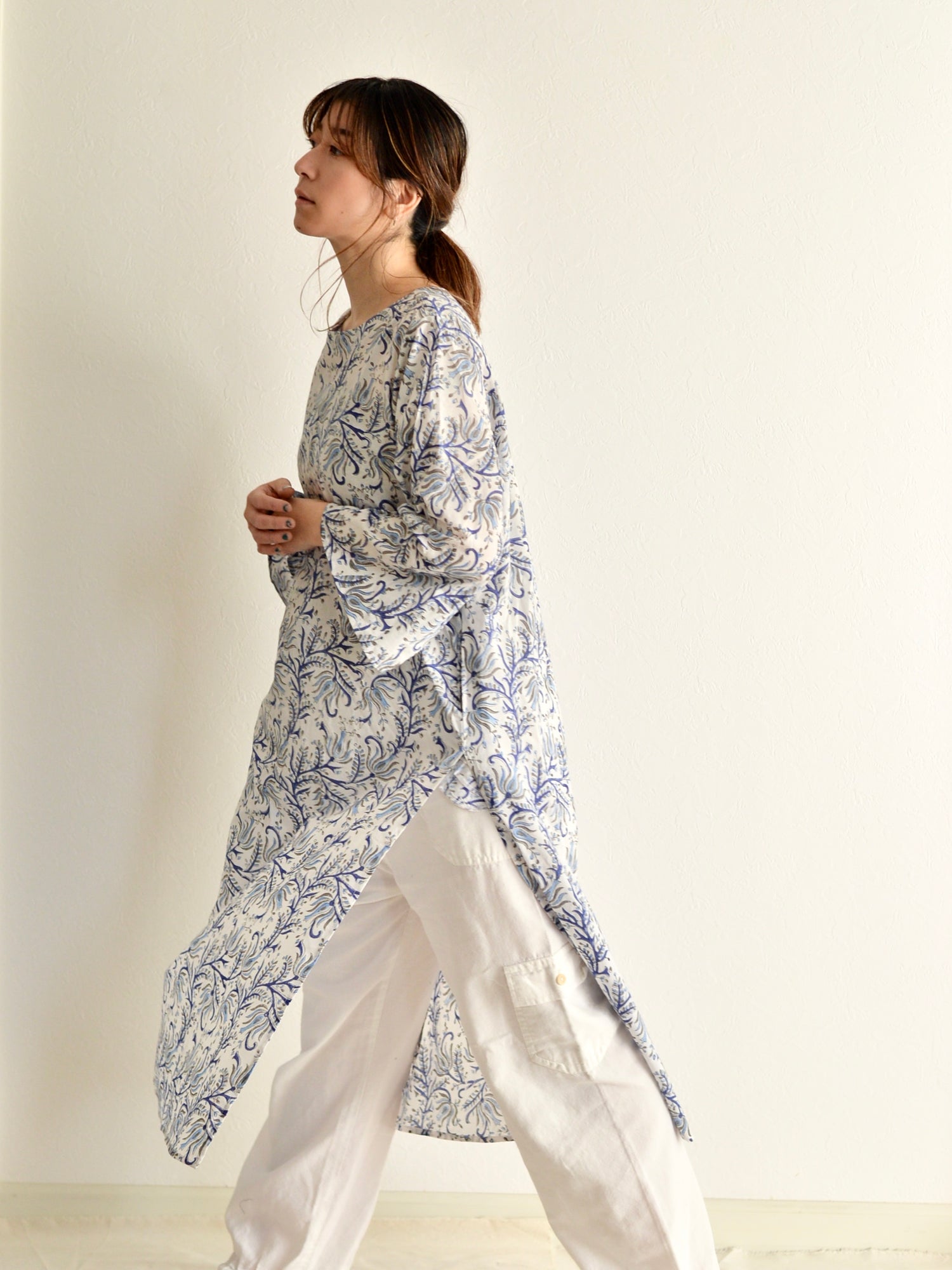 ハンドブロックプリント クルタ ブルー