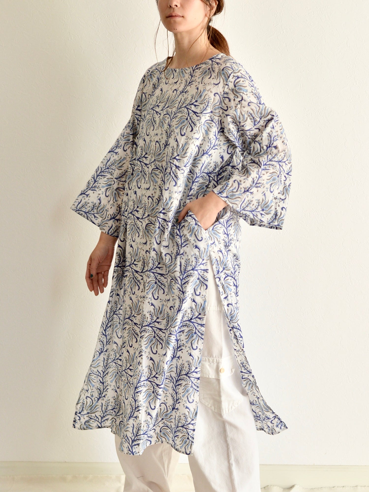 ハンドブロックプリント クルタ ブルー