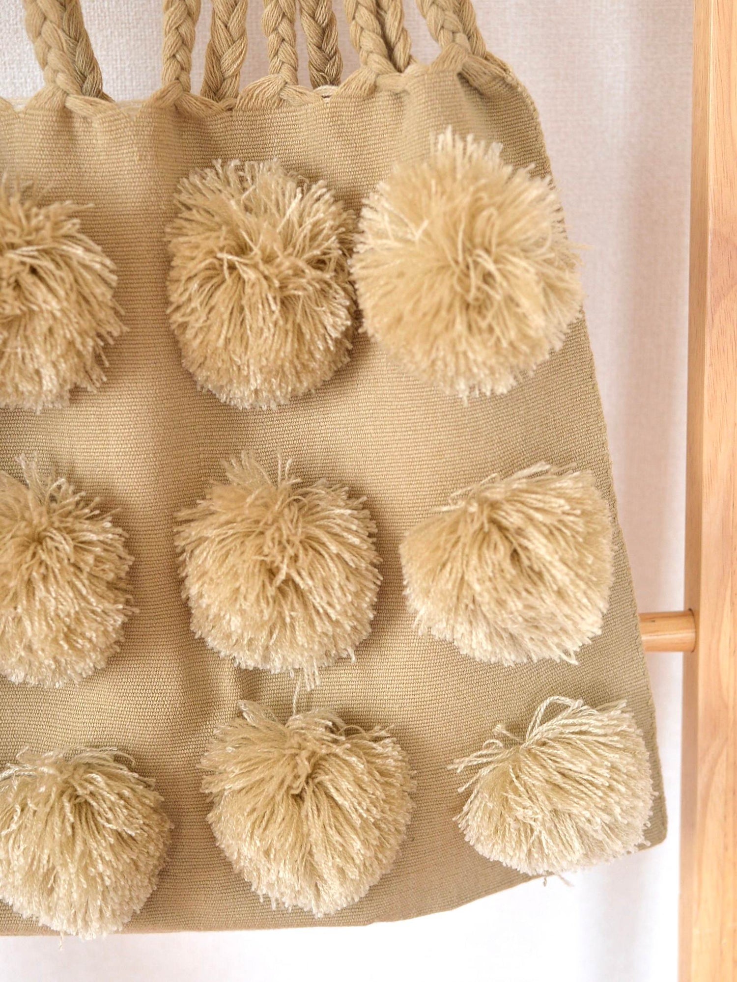 メキシコ ポンポン ハンモックバッグ レザーハンドル ベージュ