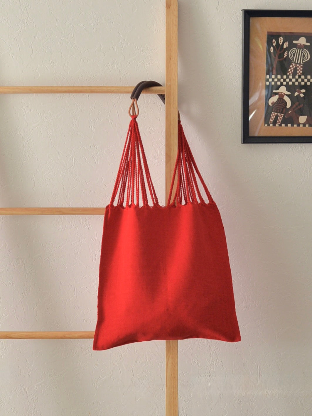 メキシコ ハンモックバッグ 無地 レッド レザーハンドル