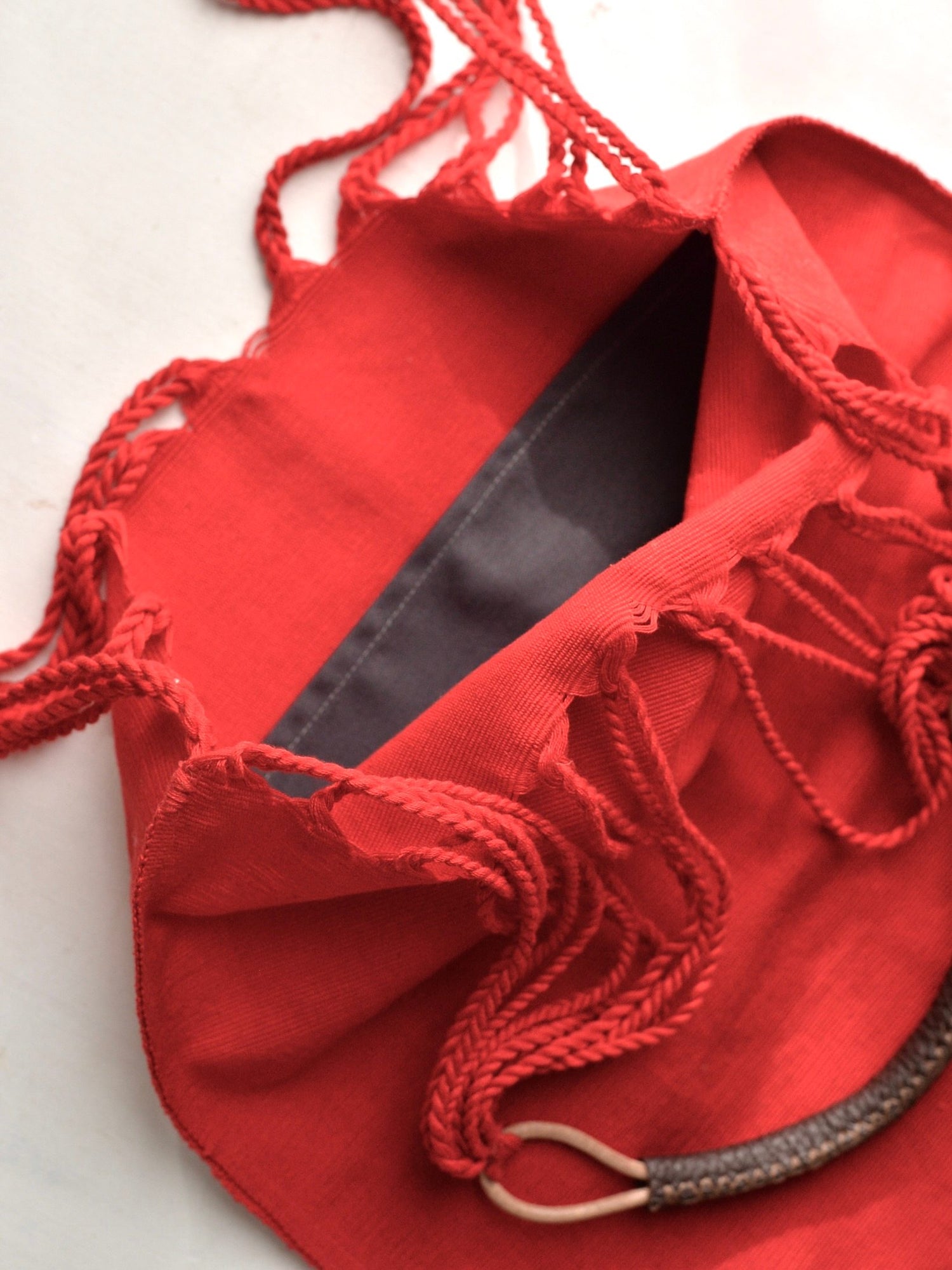 メキシコ ハンモックバッグ 無地 レッド レザーハンドル