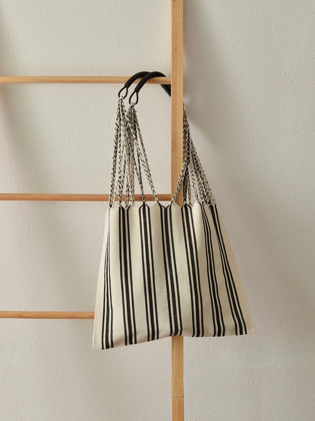 メキシコ ハンモックバッグ ホワイト ストライプ レザーハンドル