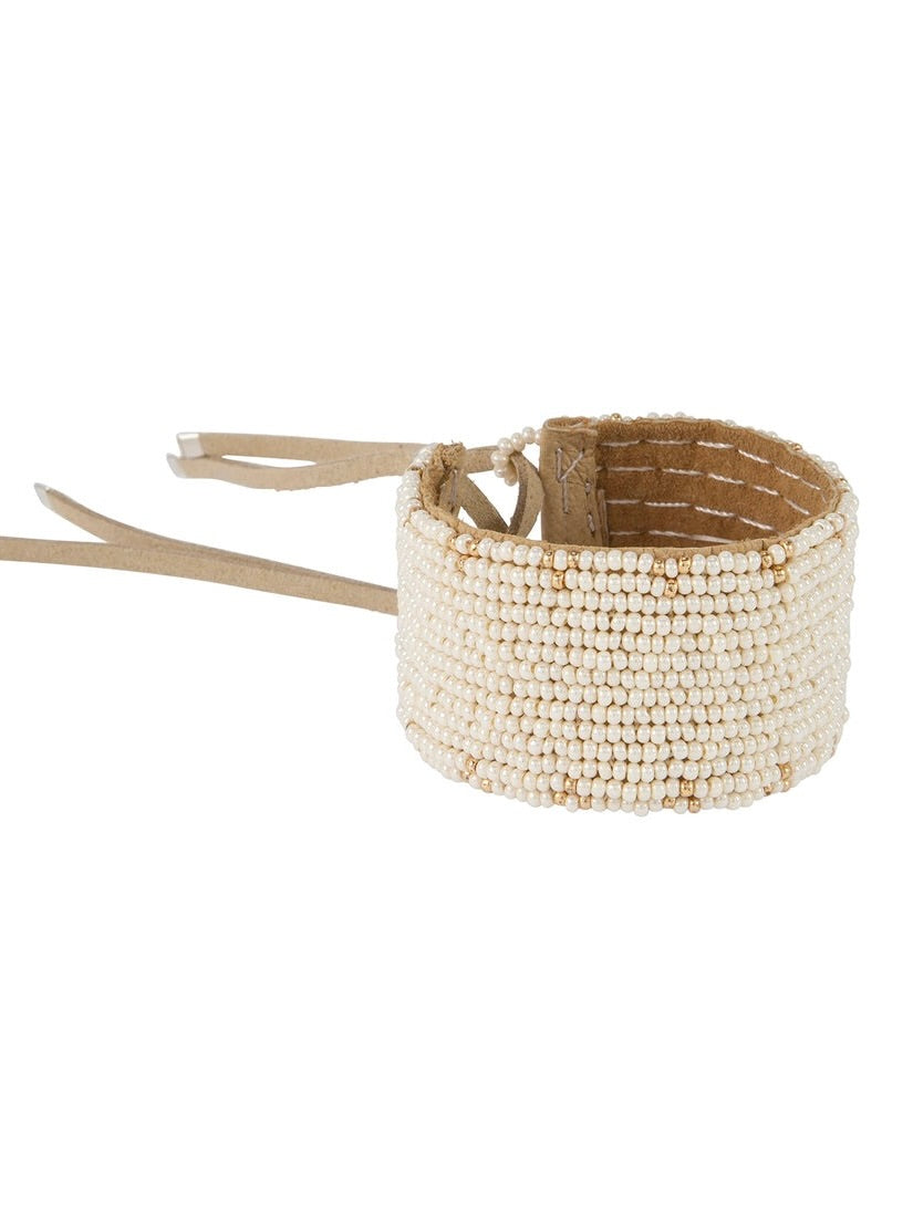 ビーズ レザーブレスレット ドットトライアングル Black & Pearl White