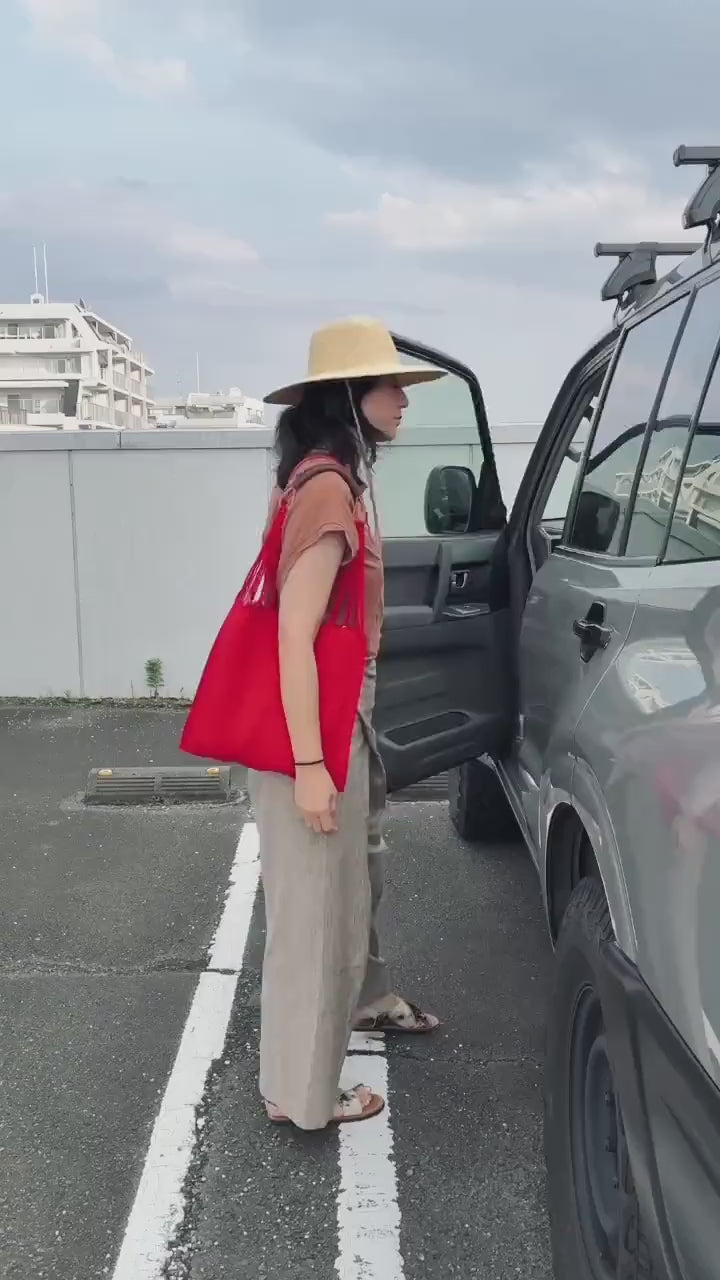 メキシコ ハンモックバッグ 無地 レッド レザーハンドル