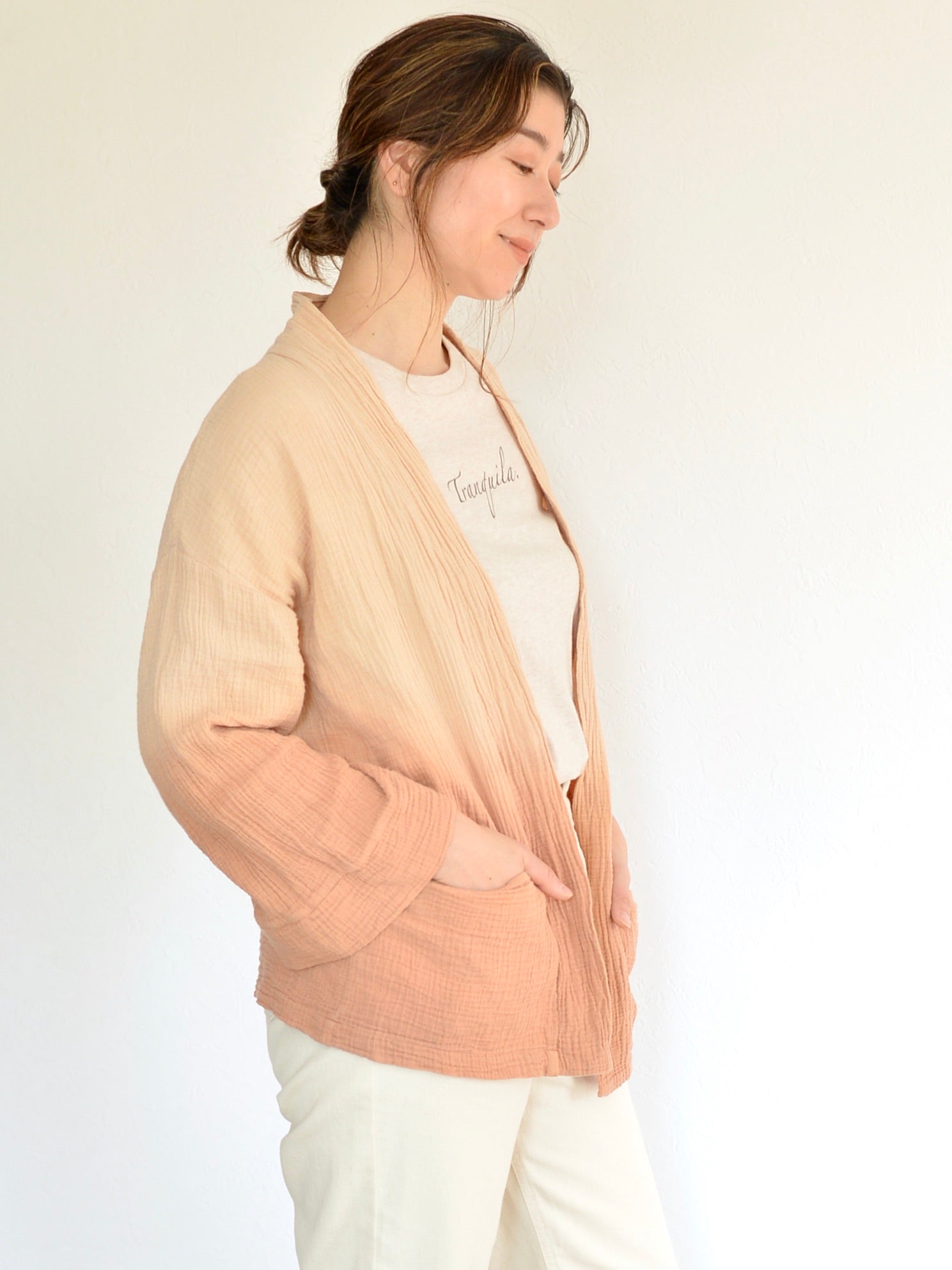 茜染めのグラデーション ガーゼ カーディガン