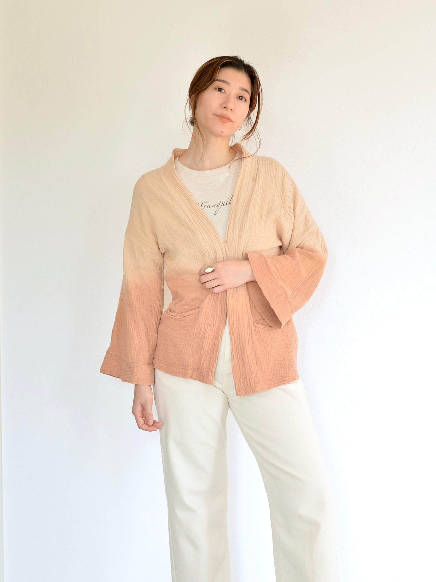 茜染めのグラデーション ガーゼ カーディガン