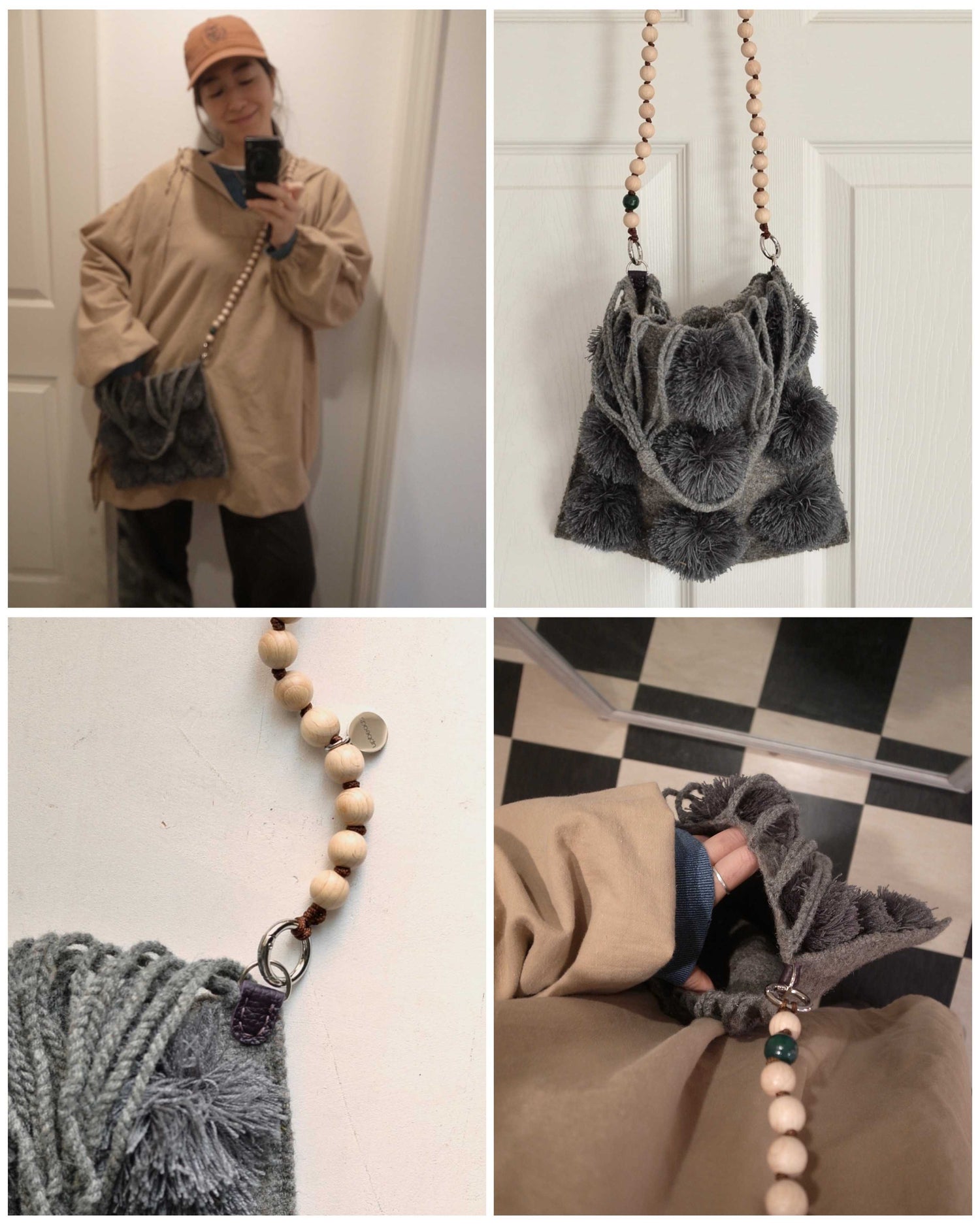 メキシコ ウール ハンモックバッグ レザーハンドル Gray