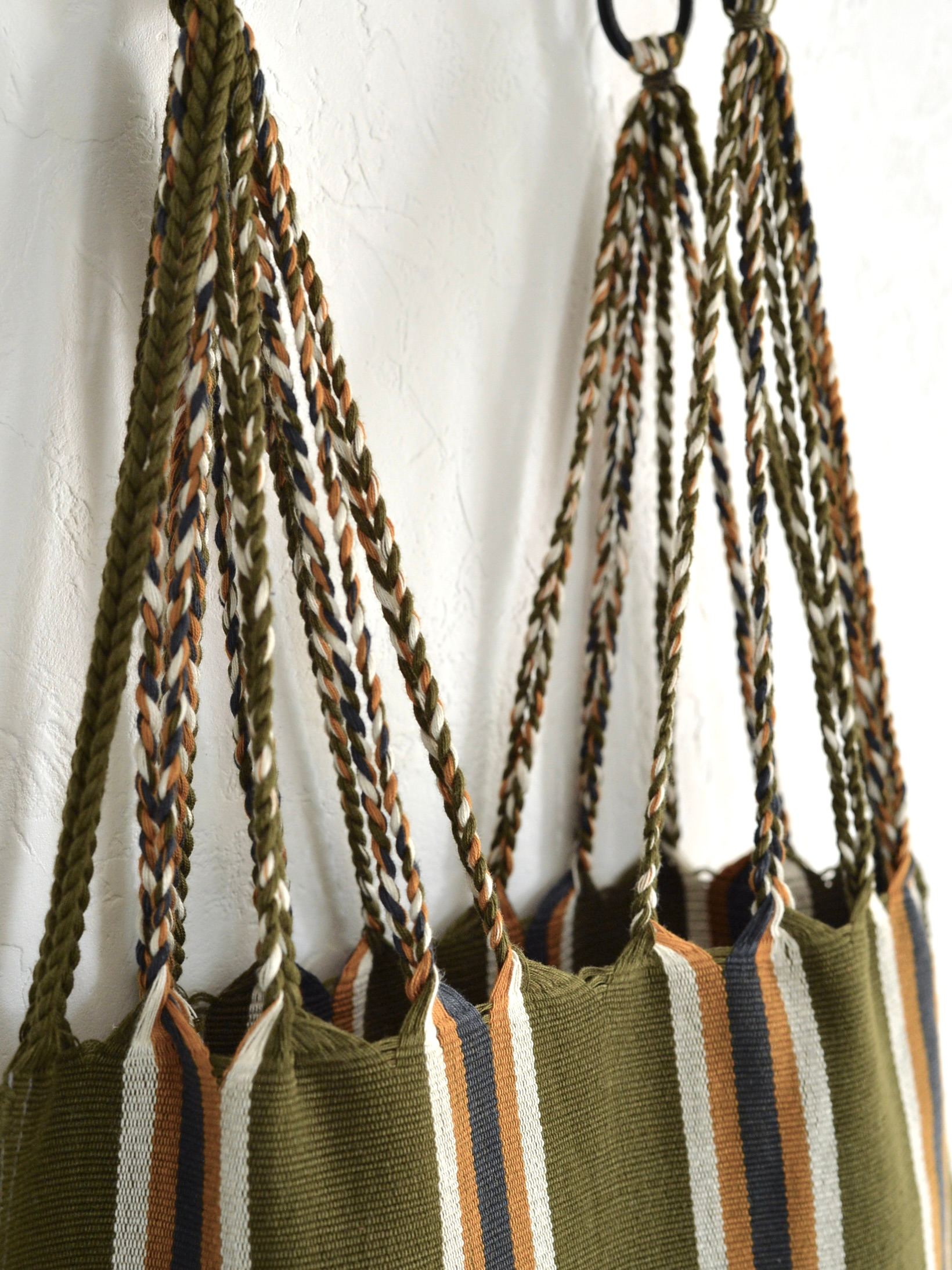 メキシコ ハンモックバッグ カーキ マルチストライプ レザーハンドル