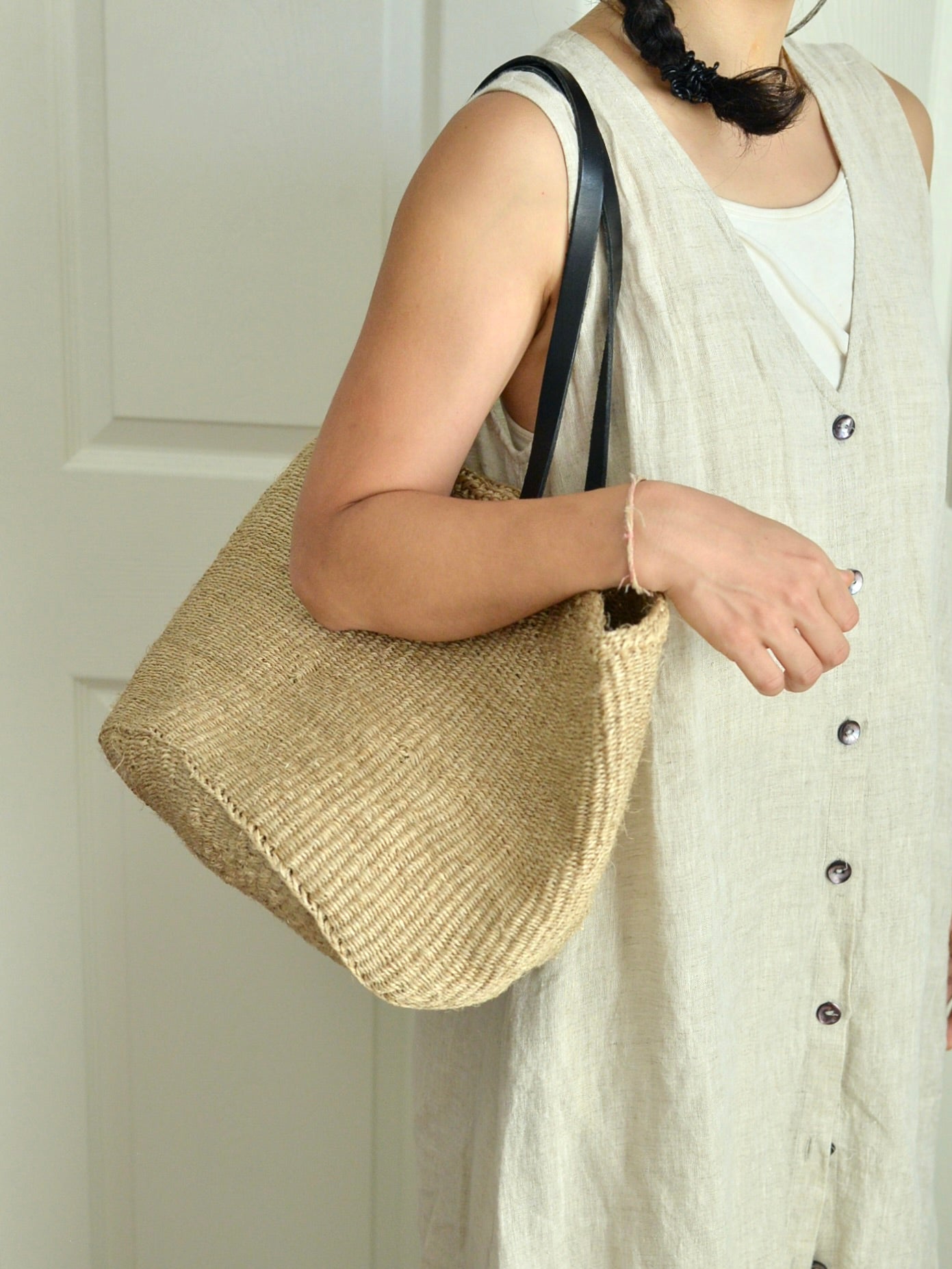 【残り1点】ケニア サイザルかごバッグ レザー ロングハンドル