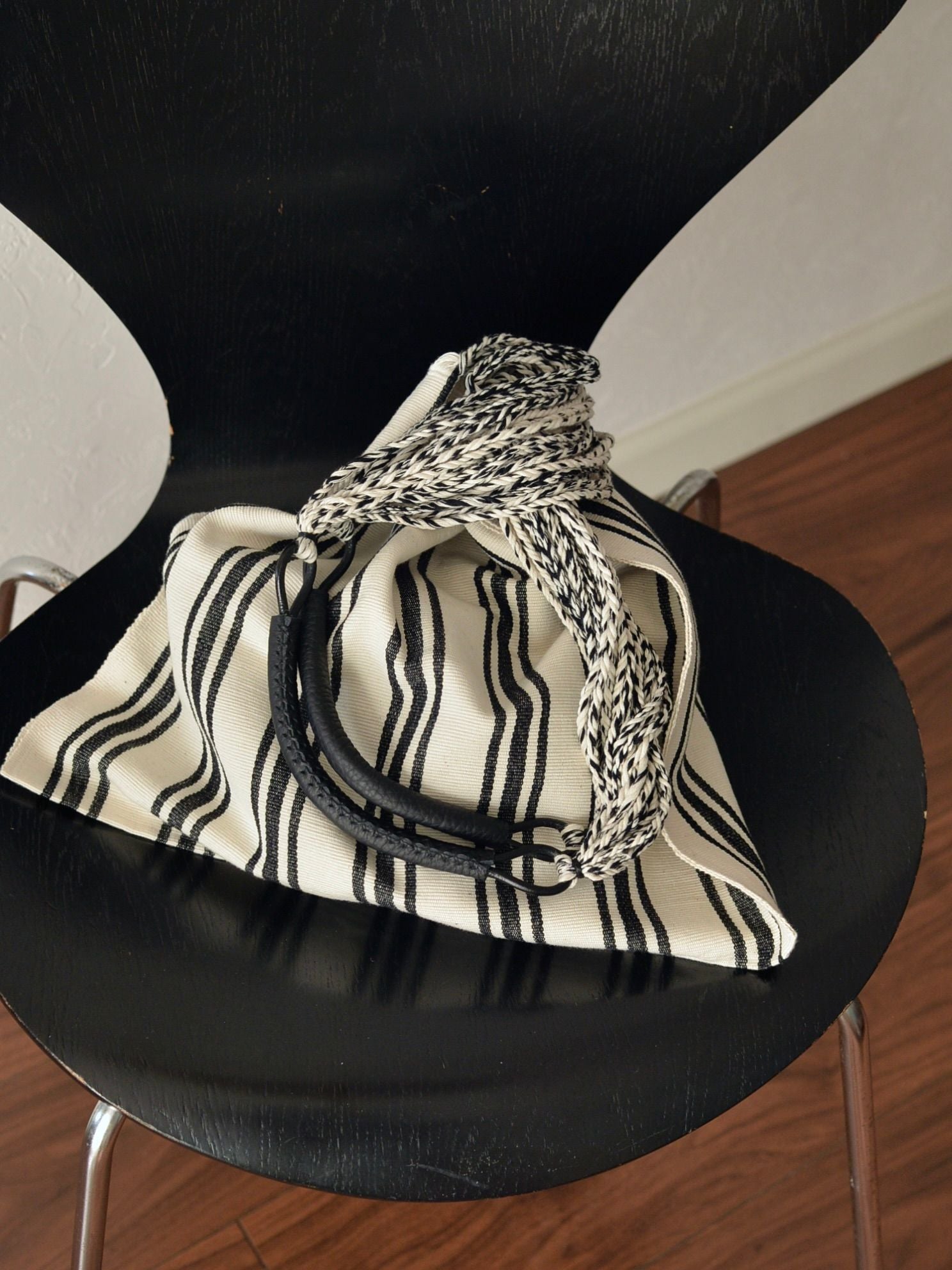 メキシコ ハンモックバッグ ホワイト ストライプ レザーハンドル