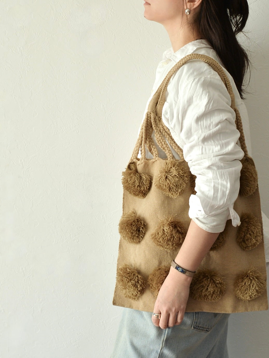 メキシコ コットン ポンポン ハンモックバッグ Camel