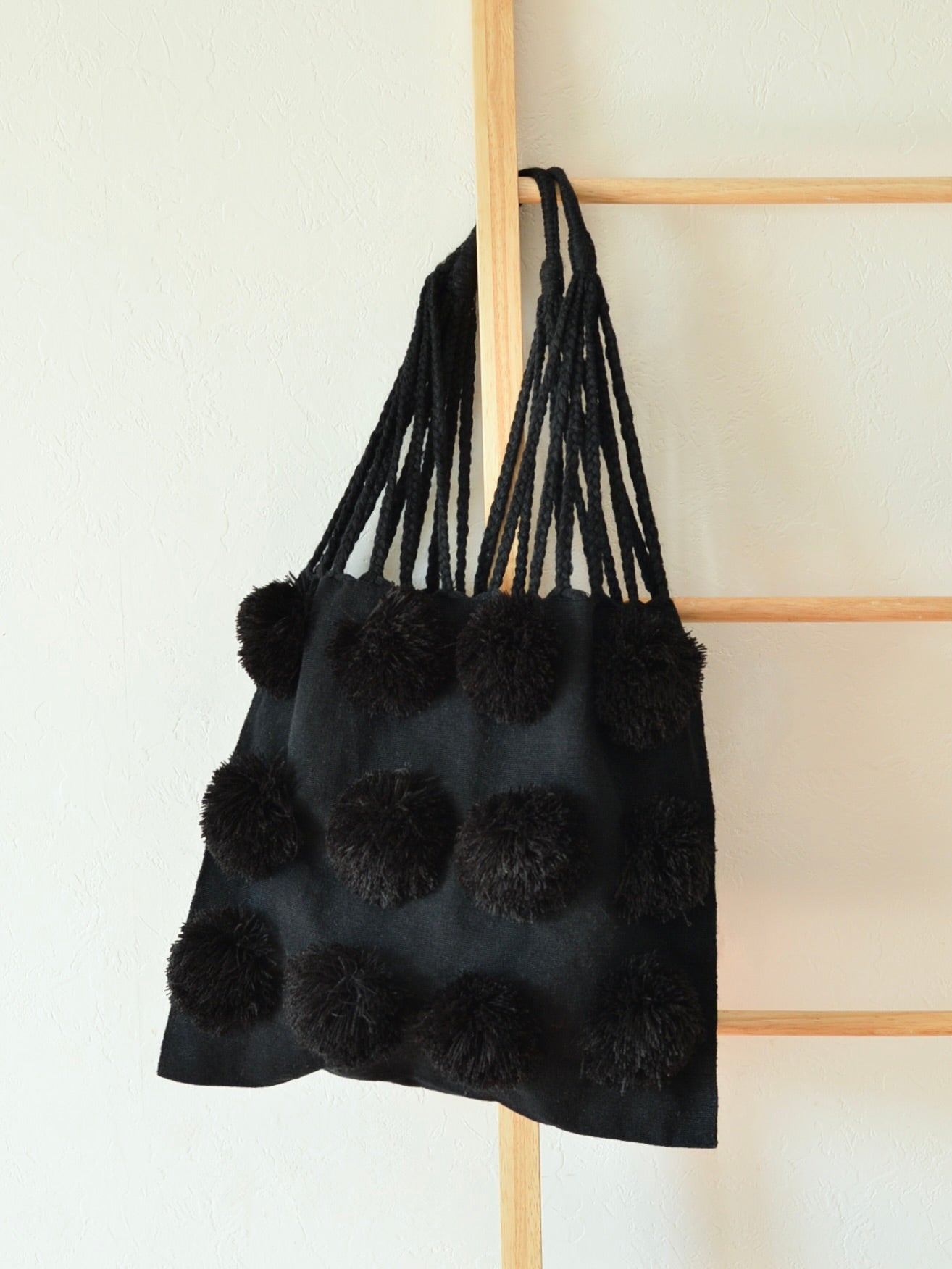 メキシコ コットン ポンポン ハンモックバッグ Black