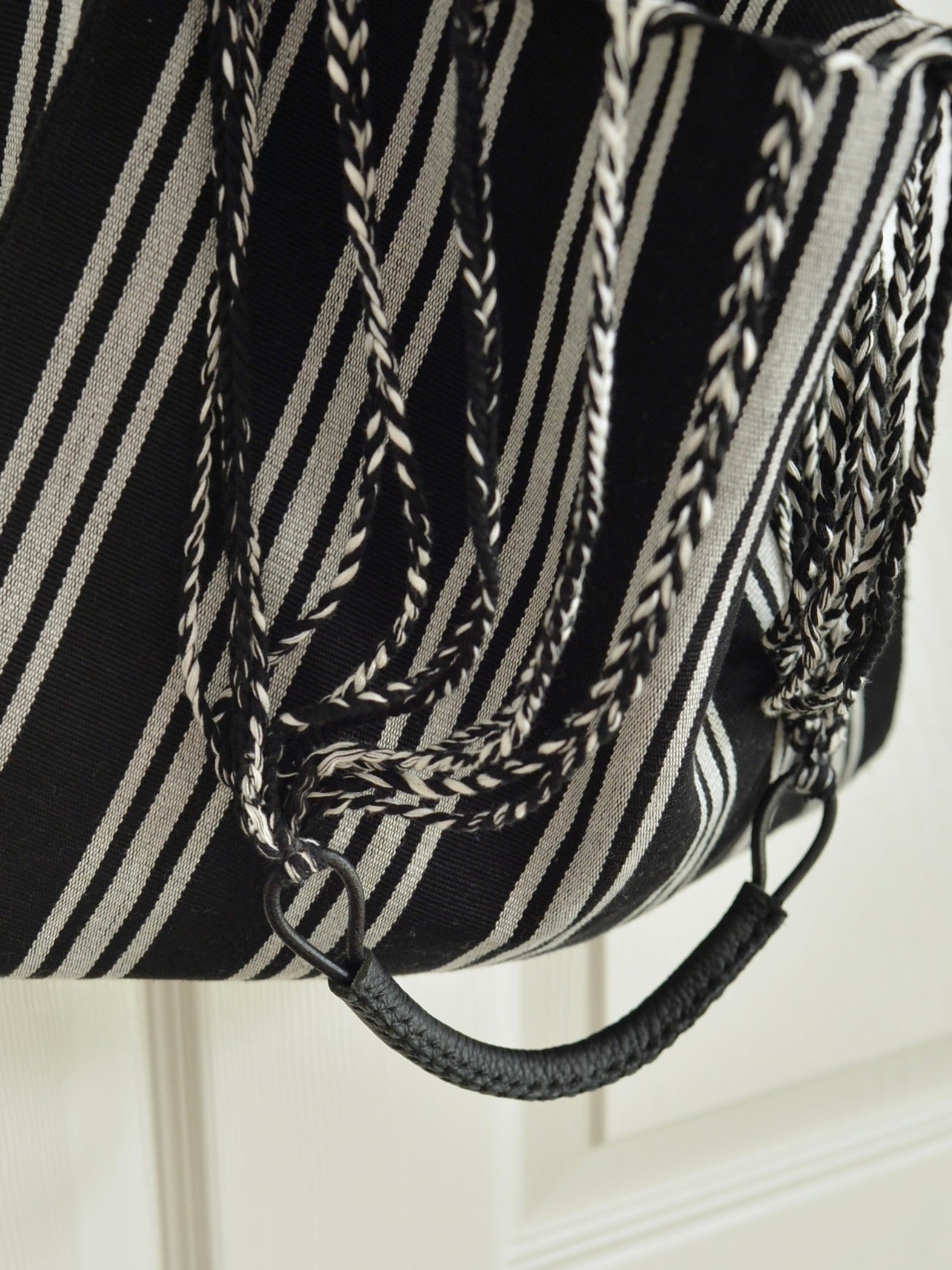 メキシコ ハンモックバッグ ブラック ストライプ レザーハンドル