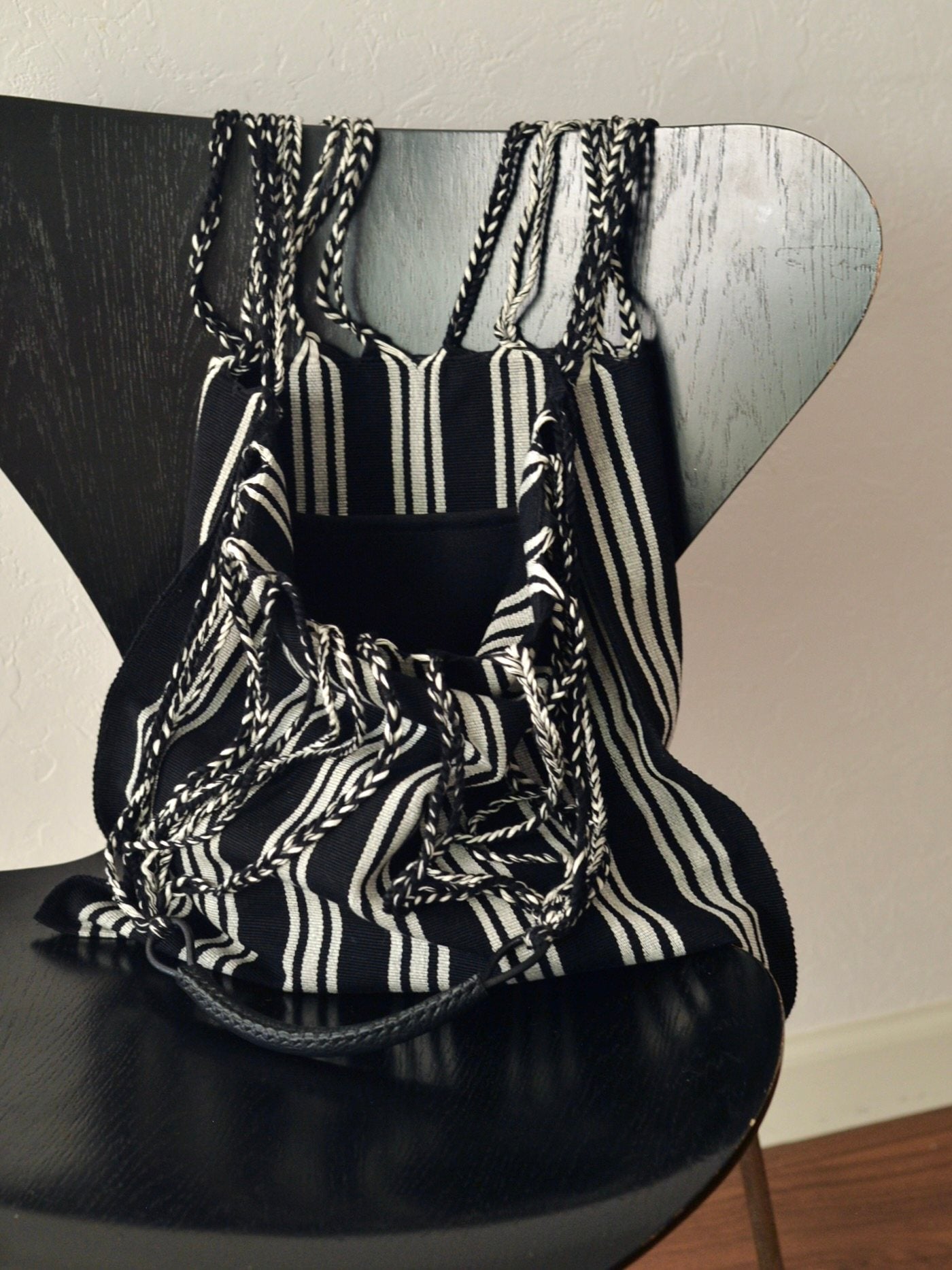 メキシコ ハンモックバッグ ブラック ストライプ レザーハンドル