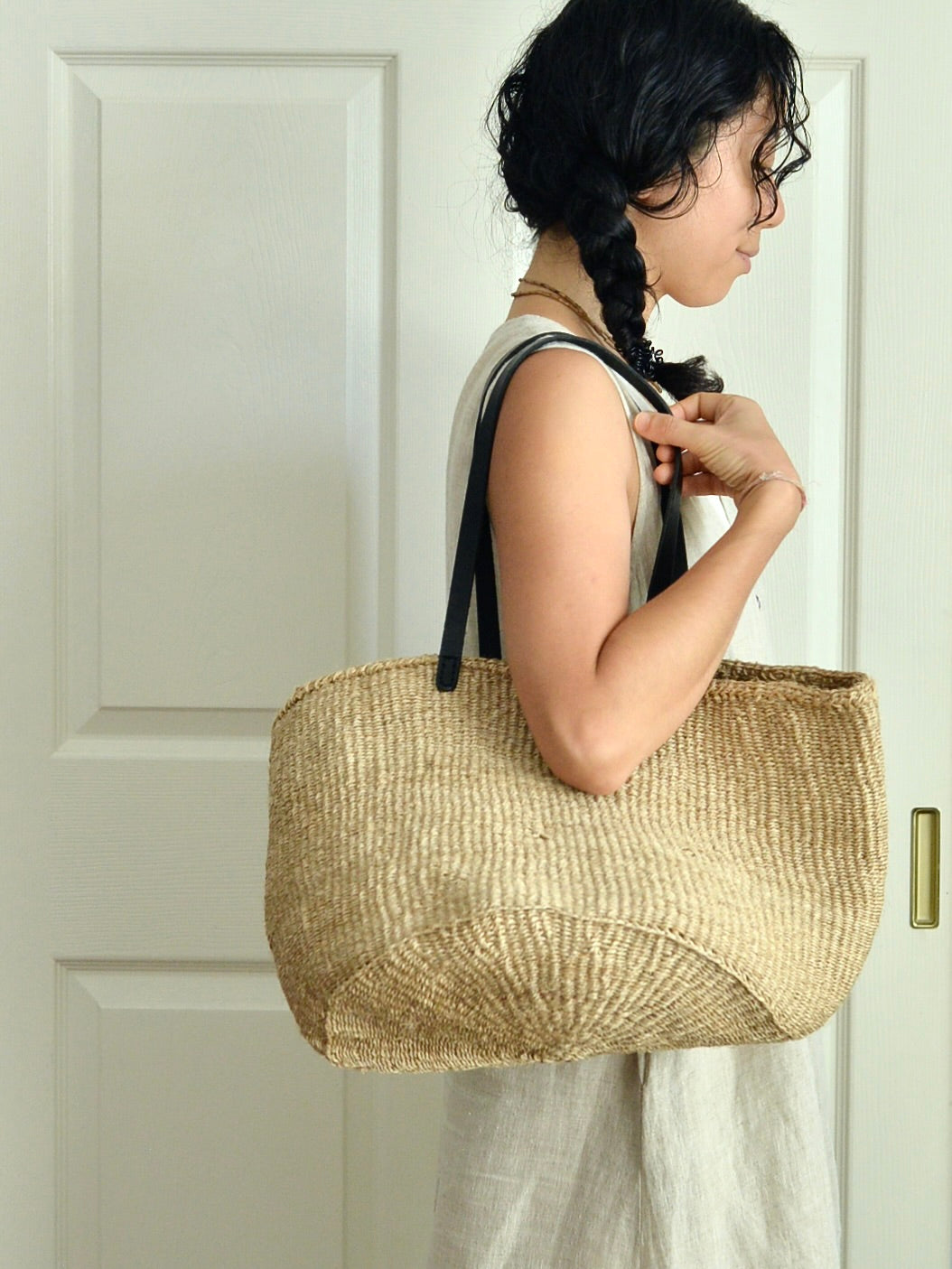 【残り1点】ケニア サイザルかごバッグ レザー ロングハンドル