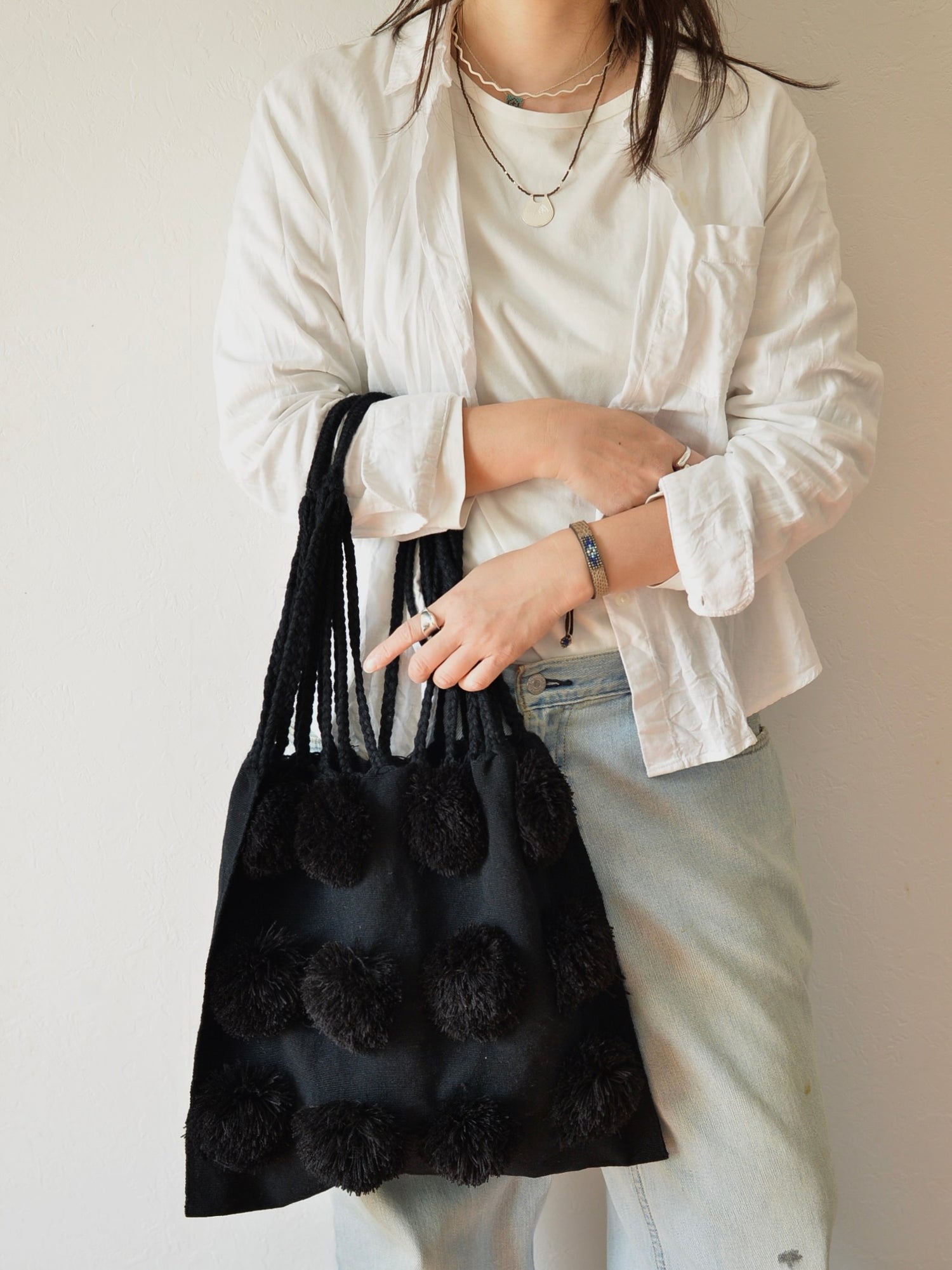 メキシコ コットン ポンポン ハンモックバッグ Black