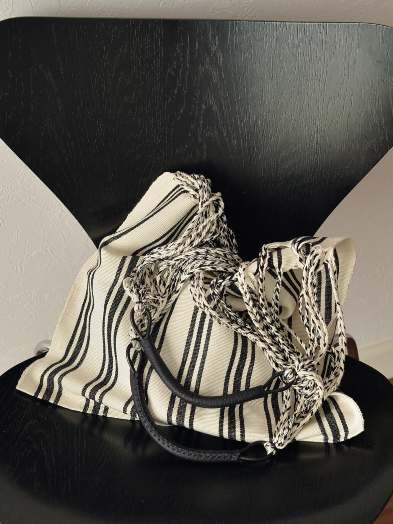 メキシコ ハンモックバッグ ホワイト ストライプ レザーハンドル