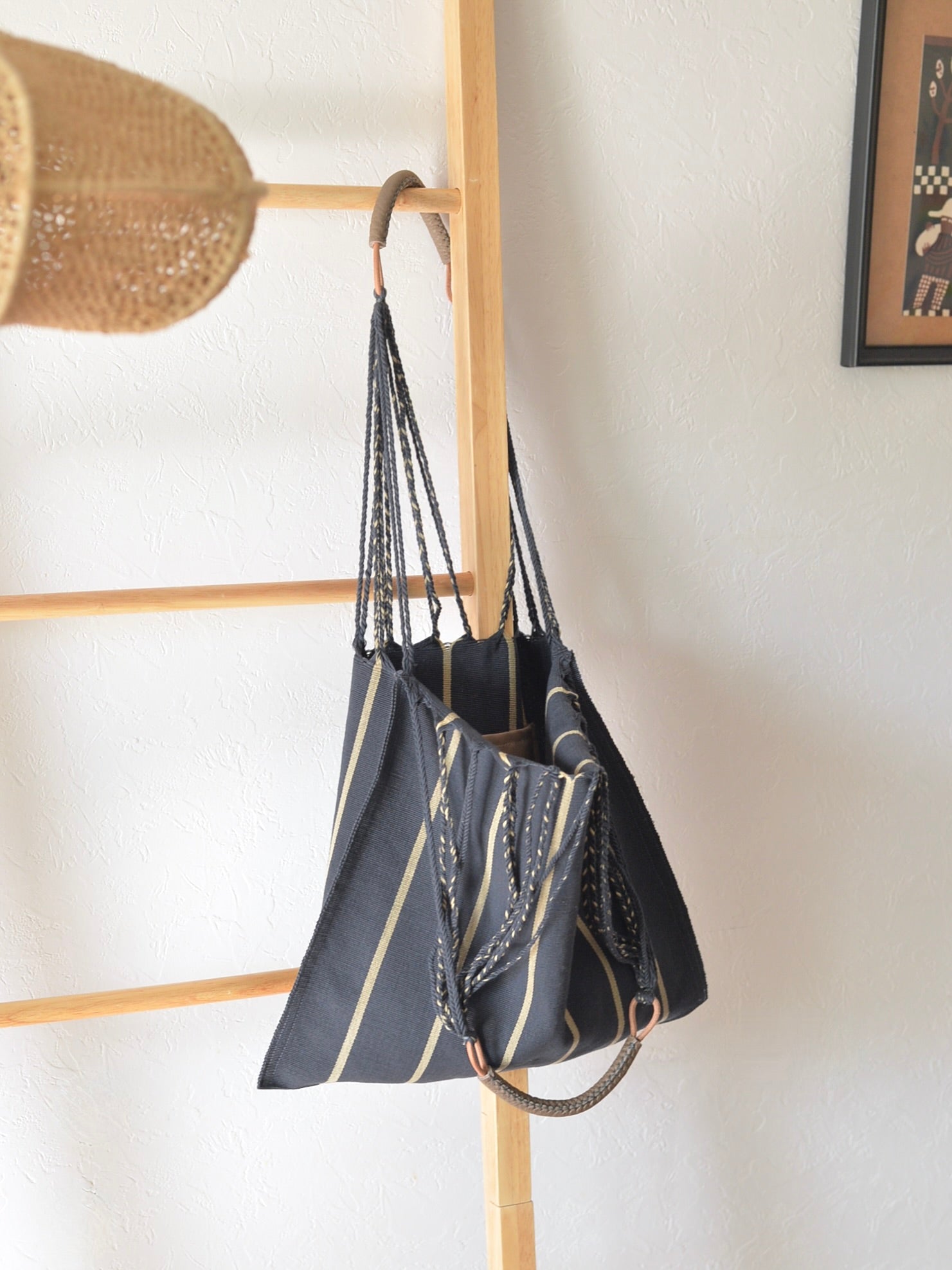 メキシコ ハンモックバッグ ブルーグレー レザーハンドル