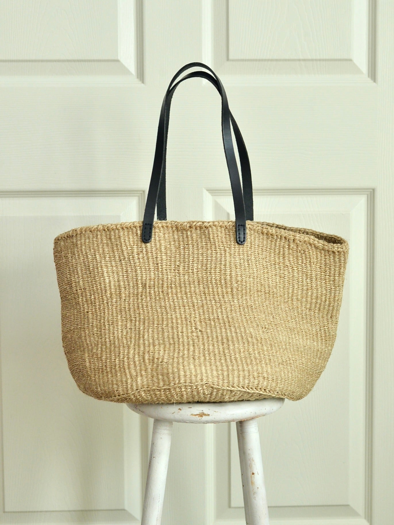 【残り1点】ケニア サイザルかごバッグ レザー ロングハンドル