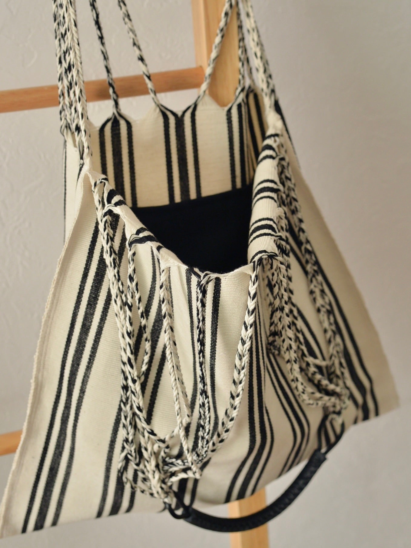 メキシコ ハンモックバッグ ホワイト ストライプ レザーハンドル