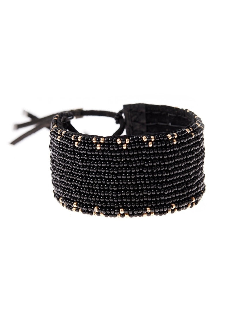 ビーズ レザーブレスレット ドットトライアングル Black & Pearl White