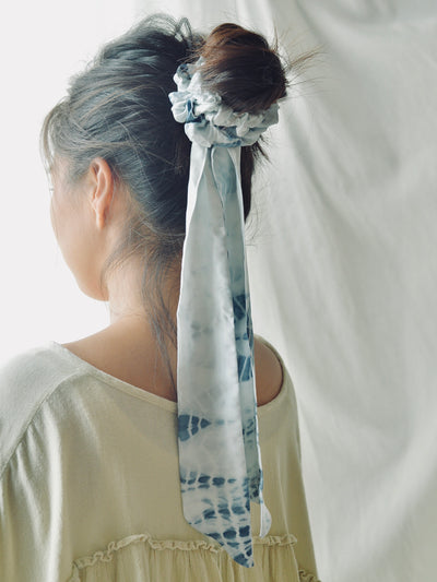 Botanical dyed scrunchie with ribbon scarf, indigo dyed, vegan silk