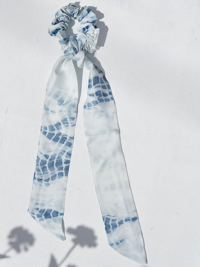 Botanical dyed scrunchie with ribbon scarf, indigo dyed, vegan silk